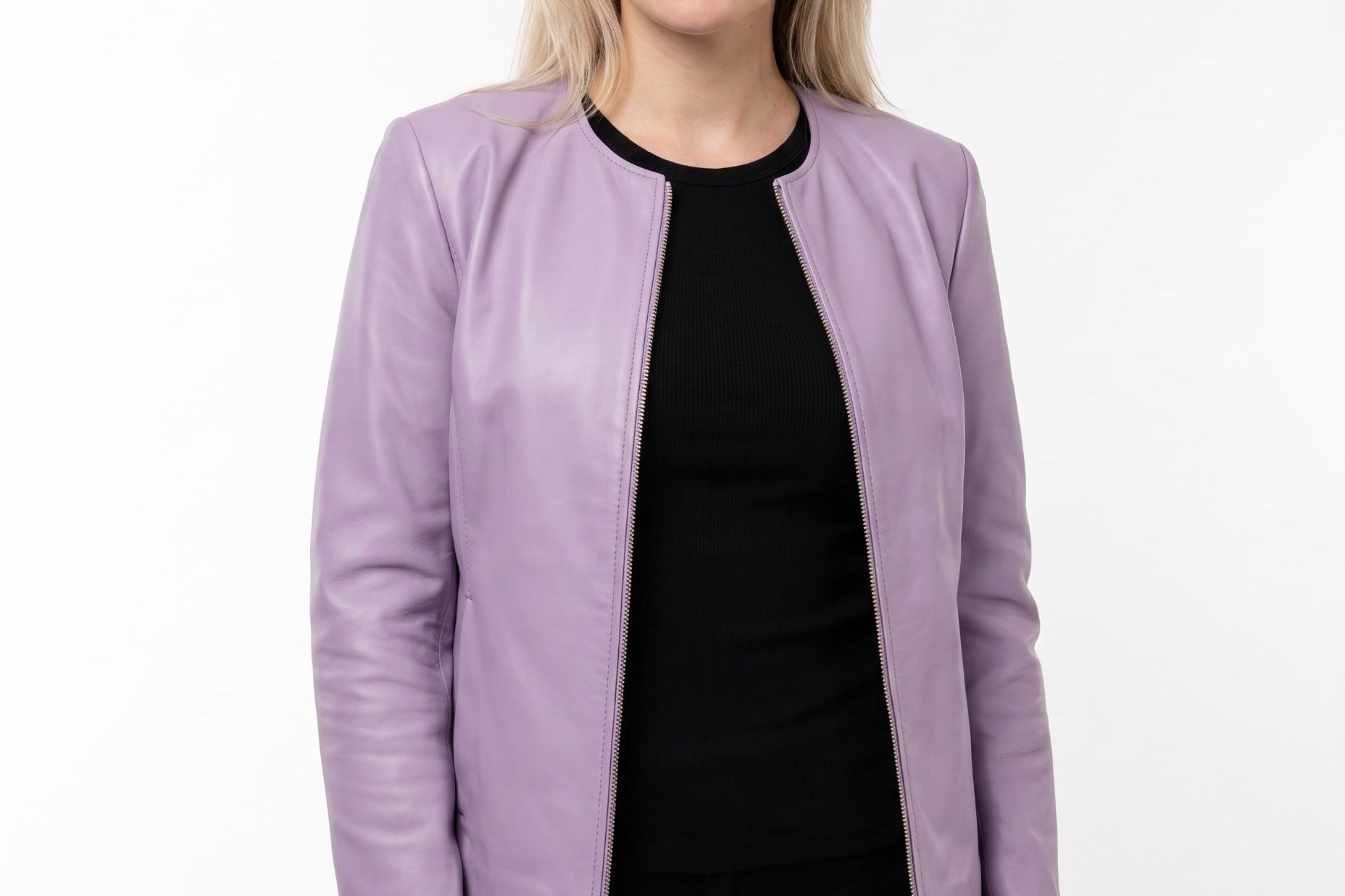 Jorun - Women's Fitted Leather Jacket with Ribbed Trims - Lilac