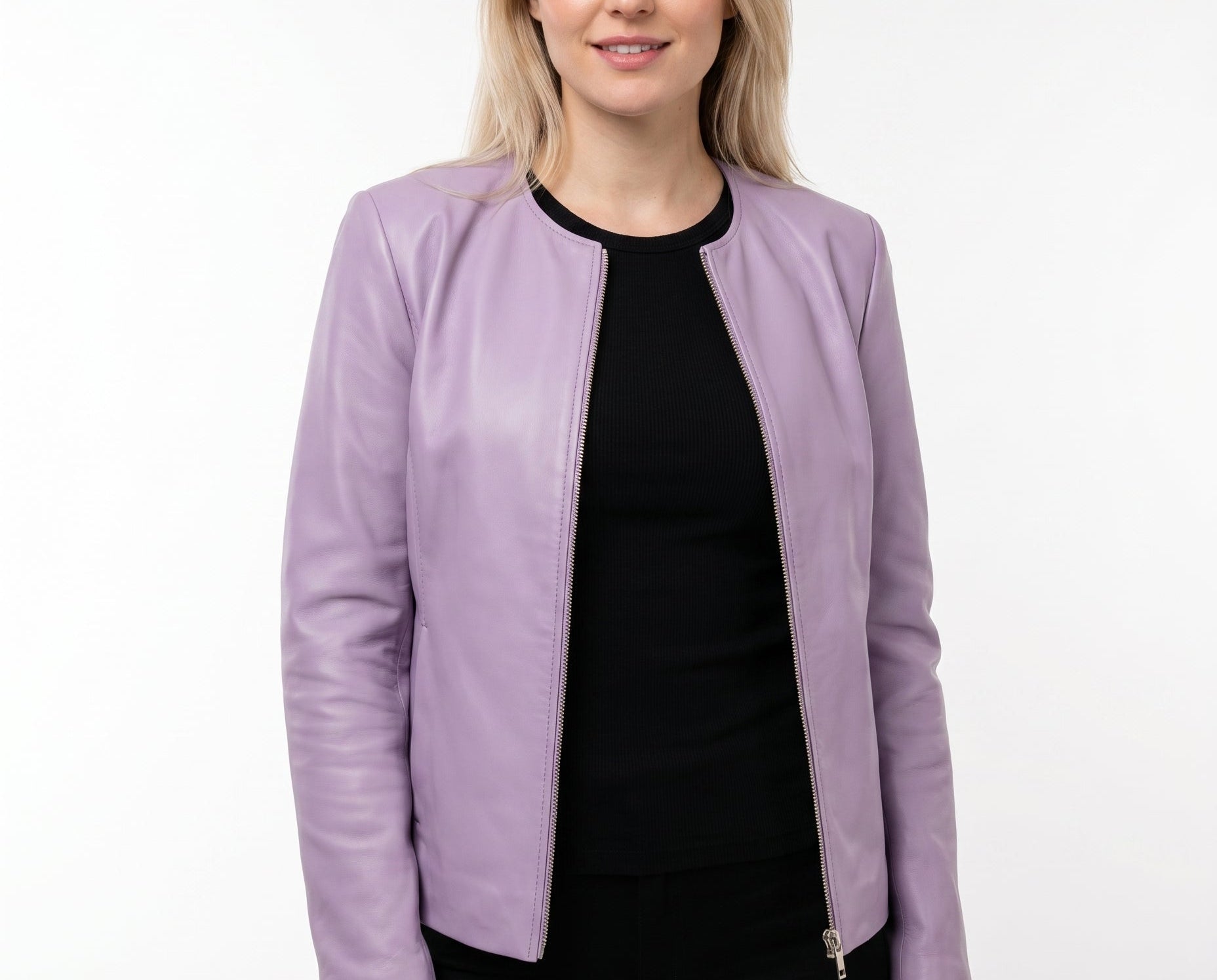 Jorun - Women's Fitted Leather Jacket with Ribbed Trims - Lilac