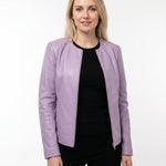 Jorun - Women's Fitted Leather Jacket with Ribbed Trims - Lilac