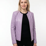 Jorun - Women's Fitted Leather Jacket with Ribbed Trims - Lilac