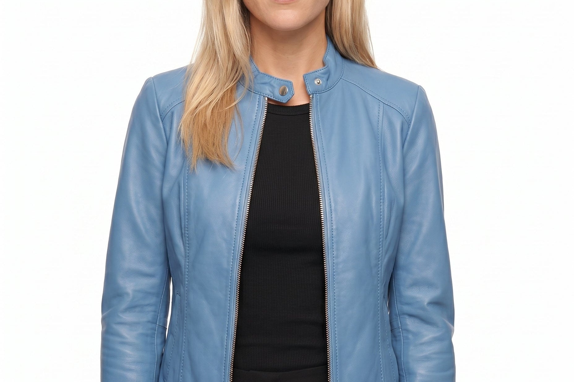 Jorun - Women's Fitted Leather Jacket with Ribbed Trims - Light Blue