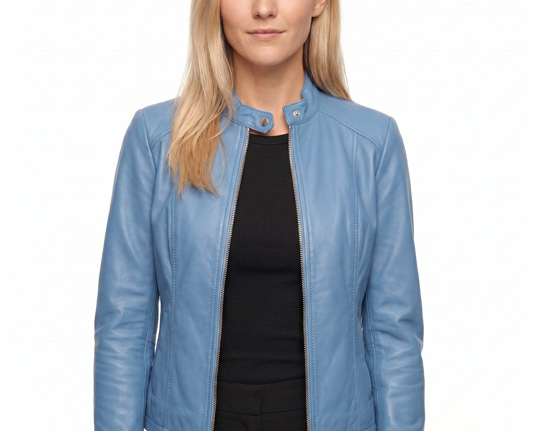 Jorun - Women's Fitted Leather Jacket with Ribbed Trims - Light Blue