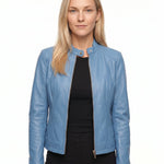 Jorun - Women's Fitted Leather Jacket with Ribbed Trims - Light Blue