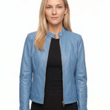 Jorun - Women's Fitted Leather Jacket with Ribbed Trims - Light Blue