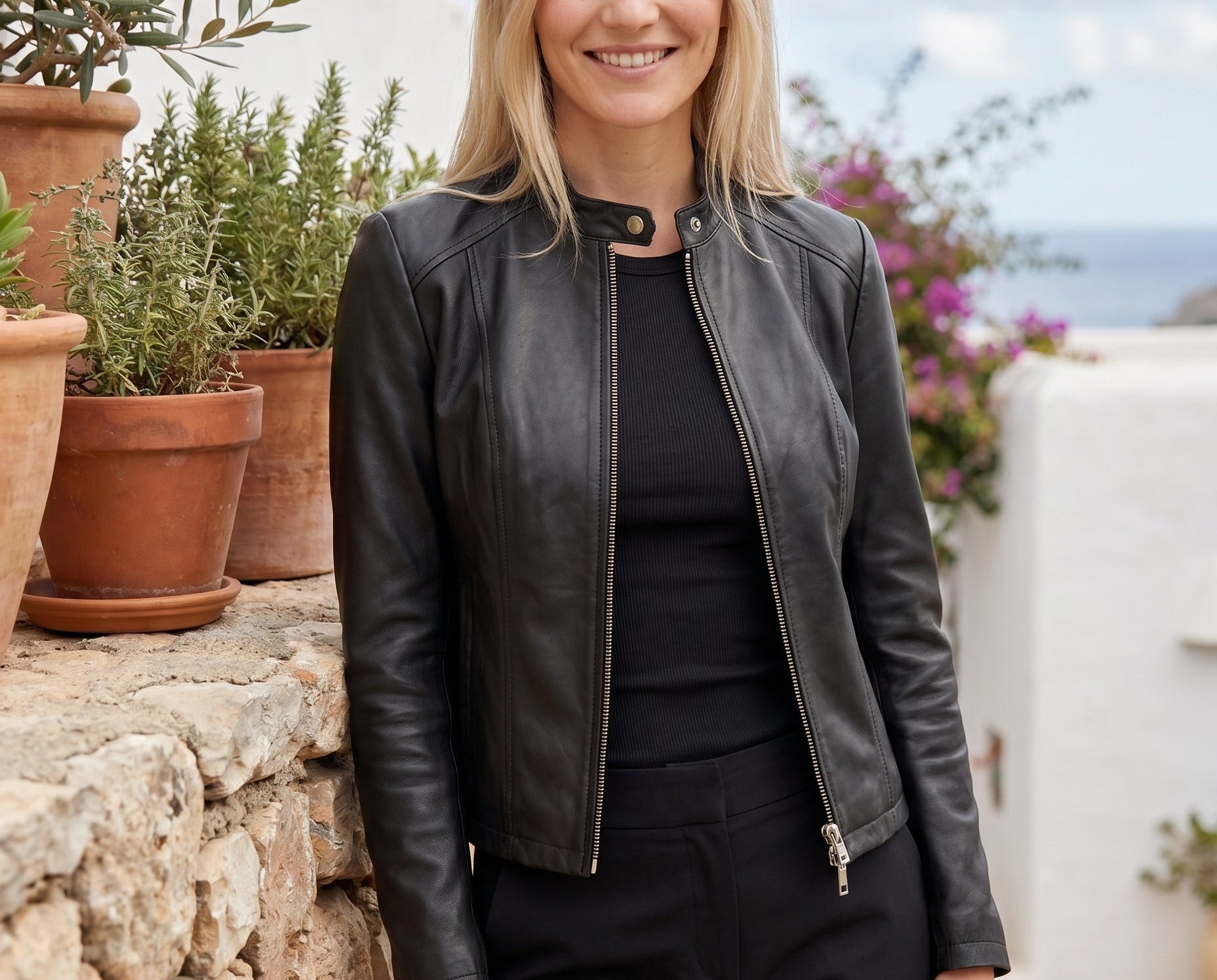 Jorun - Women's Fitted Leather Jacket with Ribbed Trims