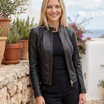 Jorun - Women's Fitted Leather Jacket with Ribbed Trims