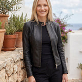 Jorun - Women's Fitted Leather Jacket with Ribbed Trims