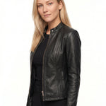 Jorun - Women's Fitted Leather Jacket with Ribbed Trims