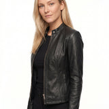 Jorun - Women's Fitted Leather Jacket with Ribbed Trims