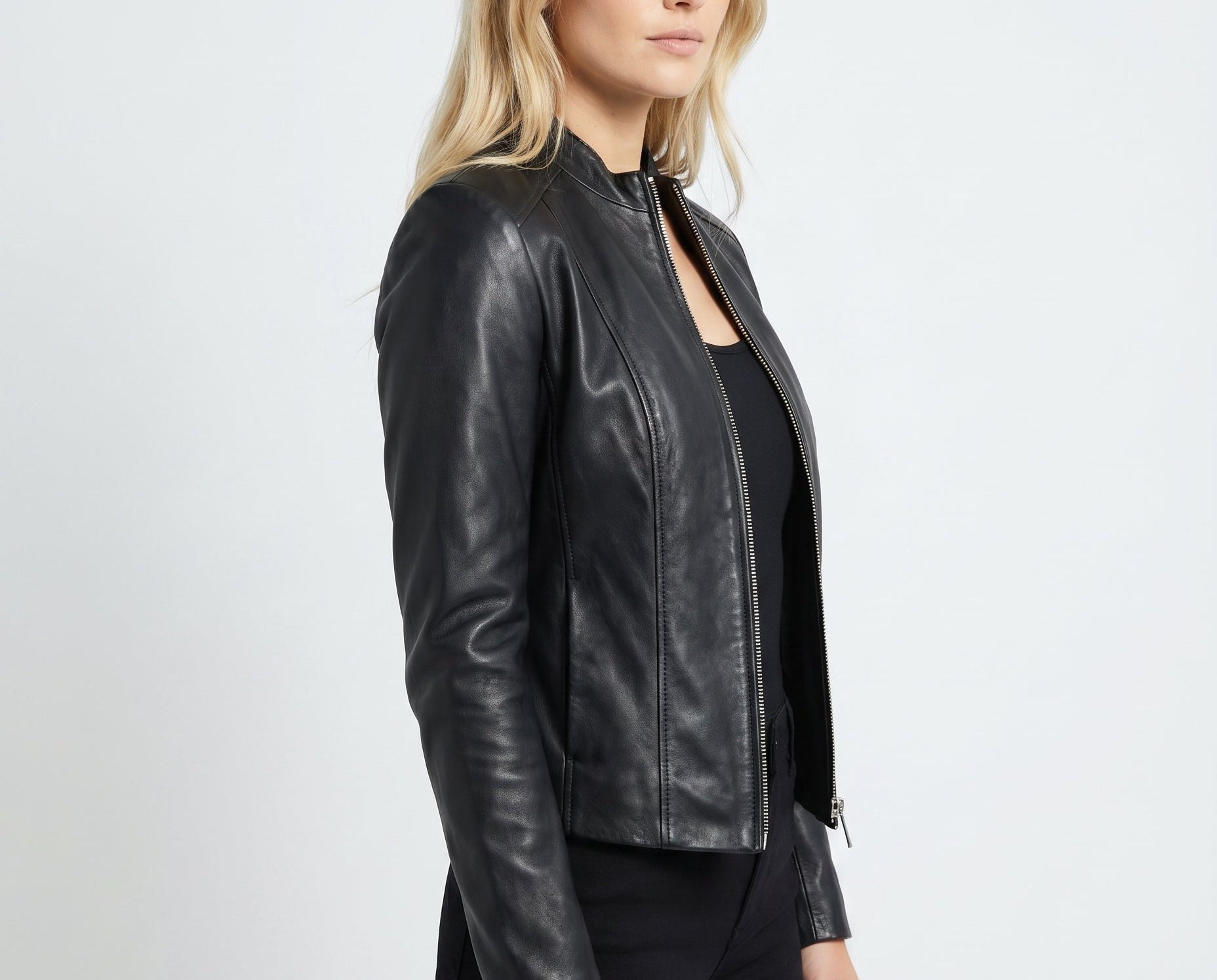 Jorun - Women's Fitted Leather Jacket with Ribbed Trims