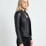 Jorun - Women's Fitted Leather Jacket with Ribbed Trims