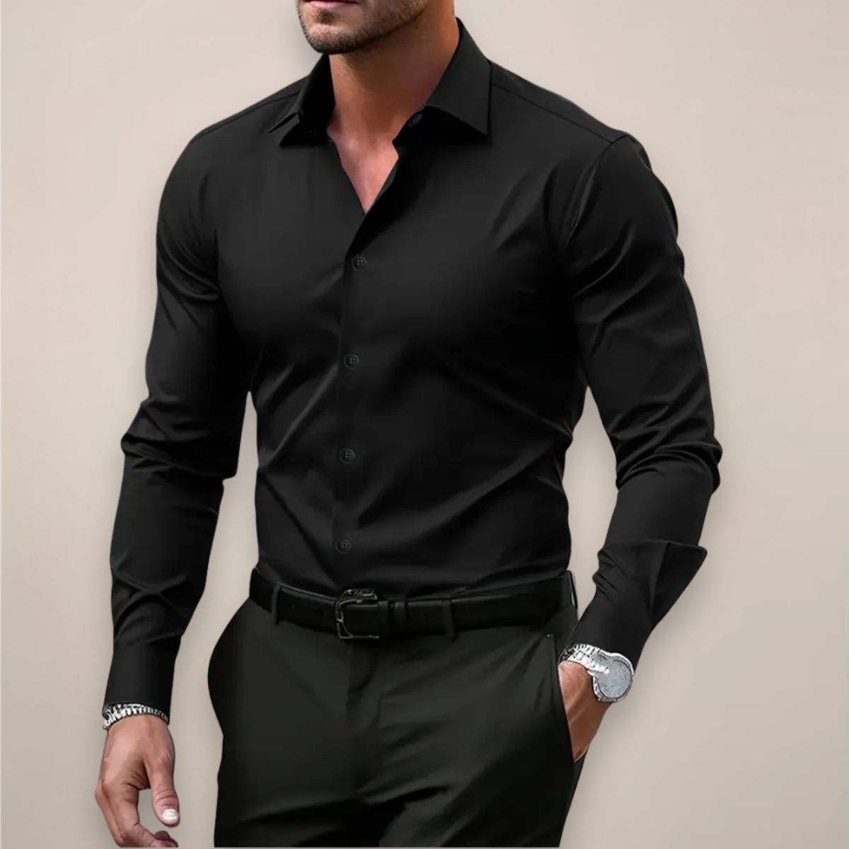 Jory - Men's Tailored Fit Long Sleeve Dress Shirt - Black