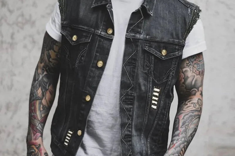 Joseph - Men's Distressed Denim Vest with Button Front - Black
