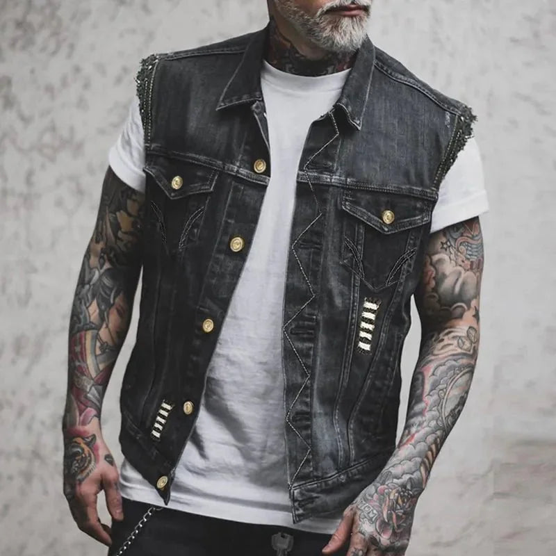 Joseph - Men's Distressed Denim Vest with Button Front - Black