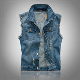 Joseph - Men's Distressed Denim Vest with Button Front - Blue