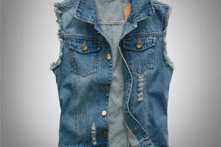 Joseph - Men's Distressed Denim Vest with Button Front - Blue