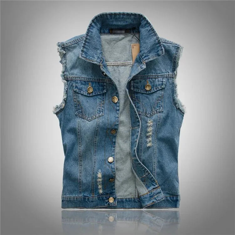 Joseph - Men's Distressed Denim Vest with Button Front - Blue