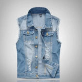 Joseph - Men's Distressed Denim Vest with Button Front - Light Blue