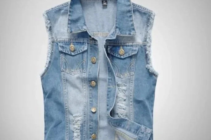 Joseph - Men's Distressed Denim Vest with Button Front - Light Blue
