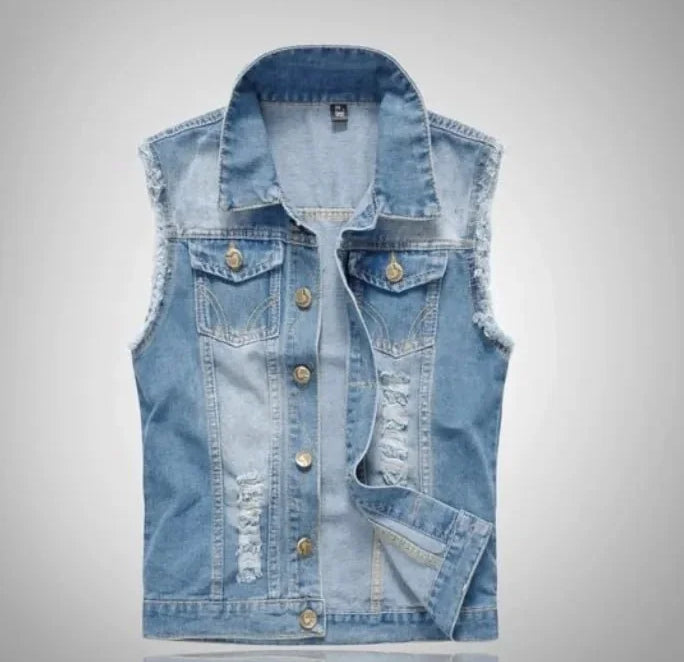 Joseph - Men's Distressed Denim Vest with Button Front - Light Blue