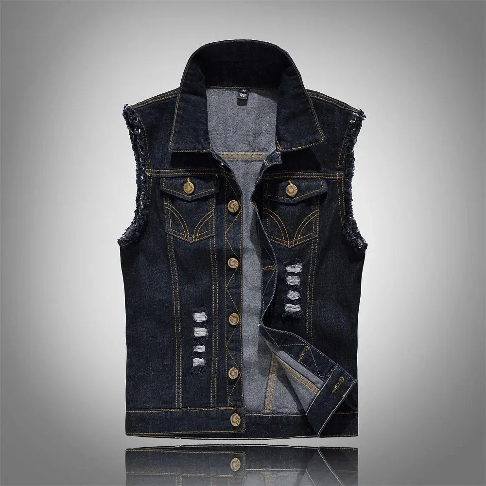 Joseph - Men's Distressed Denim Vest with Button Front - Dark Blue