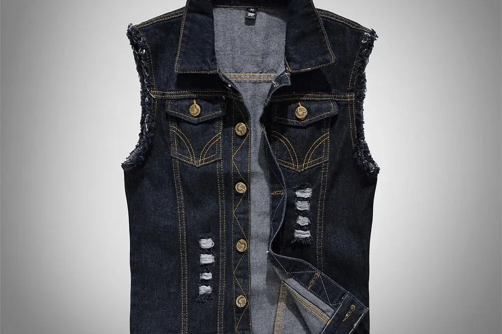 Joseph - Men's Distressed Denim Vest with Button Front - Dark Blue