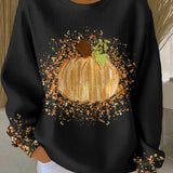 Joyce - Women's Ribbed Knit Pumpkin Art Long Sleeve Crewneck Tee - Black