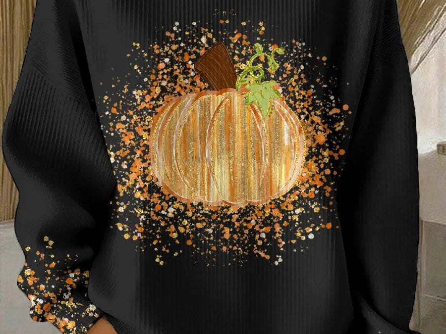 Joyce - Women's Ribbed Knit Pumpkin Art Long Sleeve Crewneck Tee - Black
