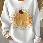 Joyce - Women's Ribbed Knit Pumpkin Art Long Sleeve Crewneck Tee - White