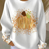 Joyce - Women's Ribbed Knit Pumpkin Art Long Sleeve Crewneck Tee - White