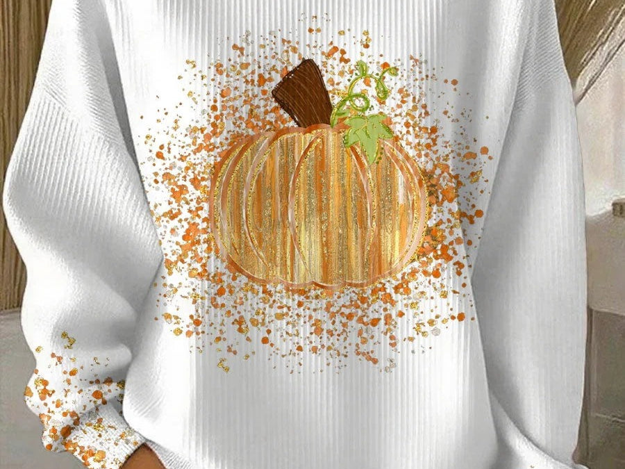 Joyce - Women's Ribbed Knit Pumpkin Art Long Sleeve Crewneck Tee - White