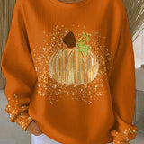 Joyce - Women's Ribbed Knit Pumpkin Art Long Sleeve Crewneck Tee - Orange