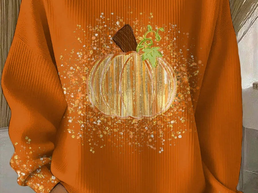 Joyce - Women's Ribbed Knit Pumpkin Art Long Sleeve Crewneck Tee - Orange