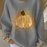 Joyce - Women's Ribbed Knit Pumpkin Art Long Sleeve Crewneck Tee - Light Gray