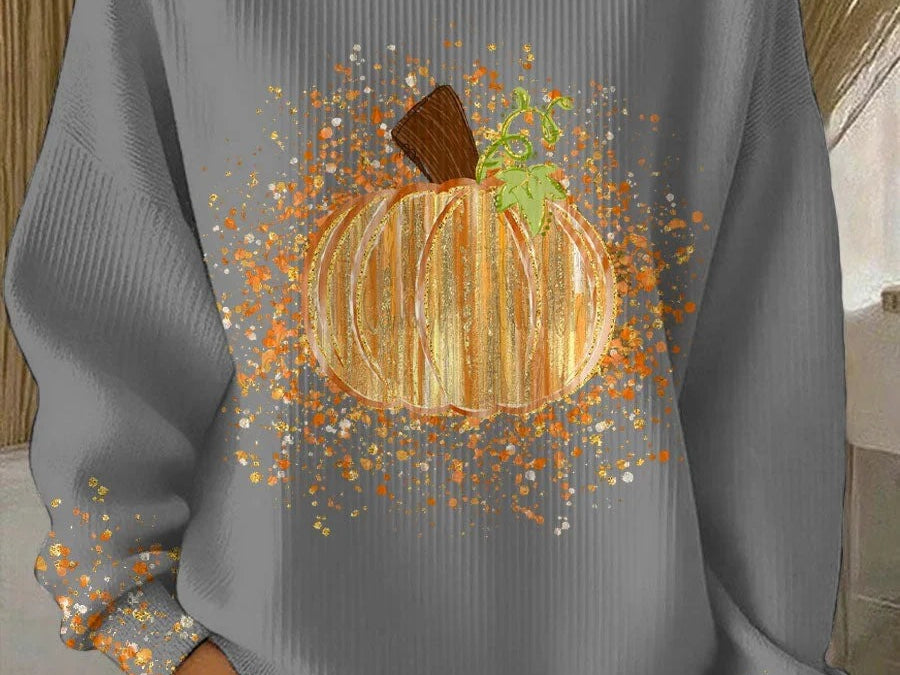 Joyce - Women's Ribbed Knit Pumpkin Art Long Sleeve Crewneck Tee - Light Gray