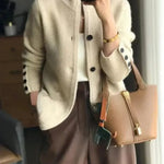 Junia - Women's Cashmere-Wool Stand Collar Button Cardigan - Beige