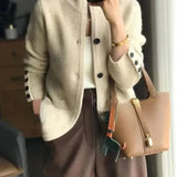 Junia - Women's Cashmere-Wool Stand Collar Button Cardigan - Beige