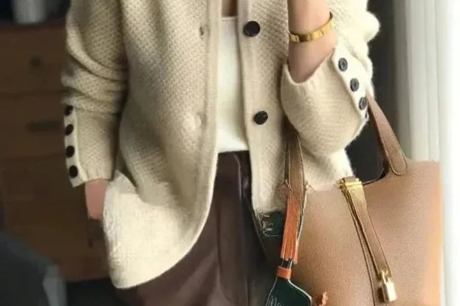 Junia - Women's Cashmere-Wool Stand Collar Button Cardigan - Beige