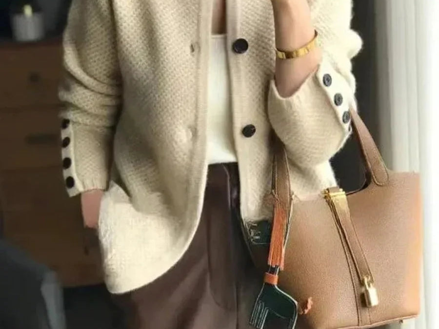 Junia - Women's Cashmere-Wool Stand Collar Button Cardigan - Beige