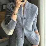 Junia - Women's Cashmere-Wool Stand Collar Button Cardigan - Blue