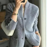 Junia - Women's Cashmere-Wool Stand Collar Button Cardigan - Blue