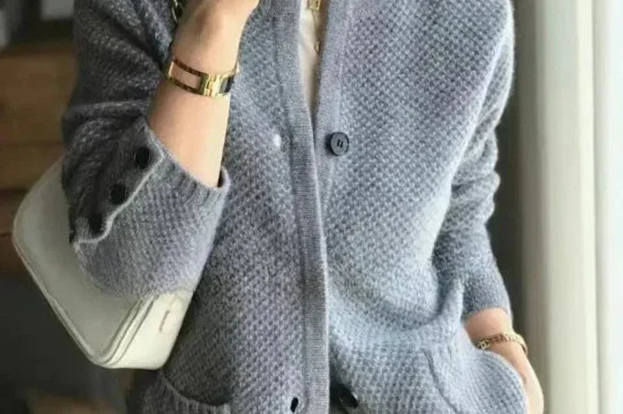 Junia - Women's Cashmere-Wool Stand Collar Button Cardigan - Blue
