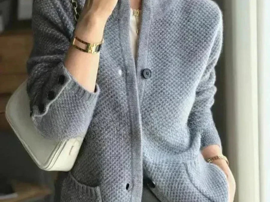 Junia - Women's Cashmere-Wool Stand Collar Button Cardigan - Blue