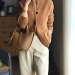 Junia - Women's Cashmere-Wool Stand Collar Button Cardigan - Brown