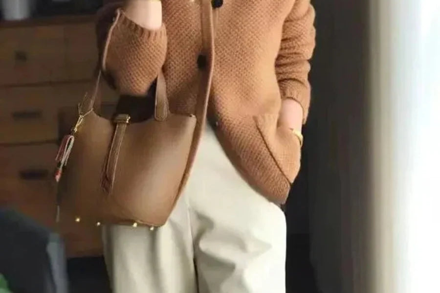 Junia - Women's Cashmere-Wool Stand Collar Button Cardigan - Brown