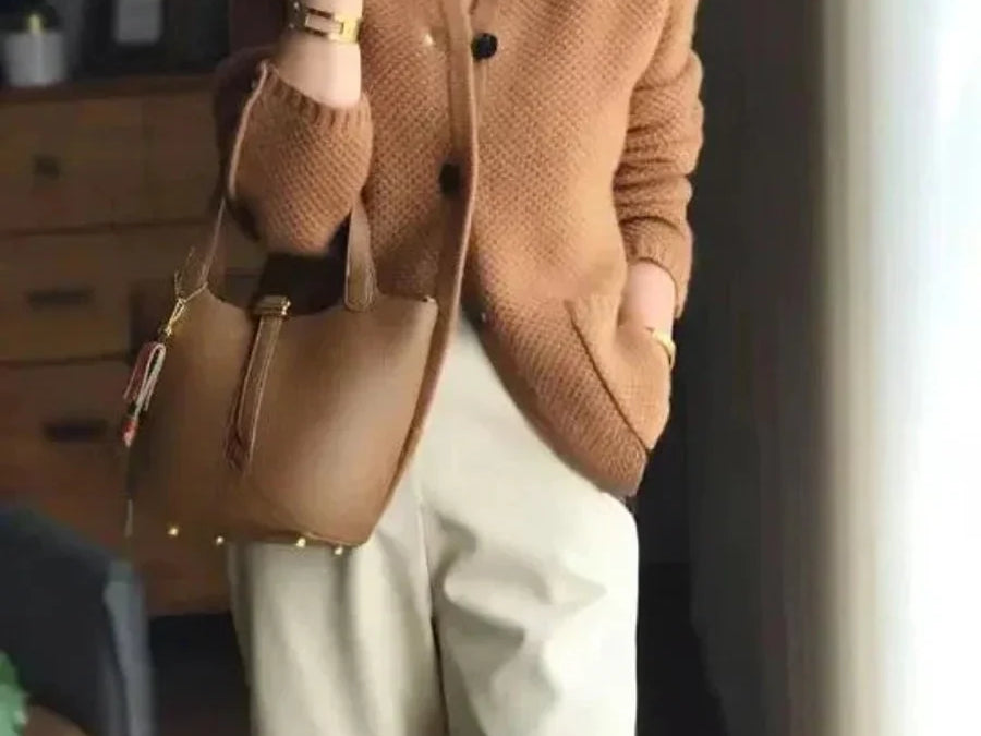 Junia - Women's Cashmere-Wool Stand Collar Button Cardigan - Brown