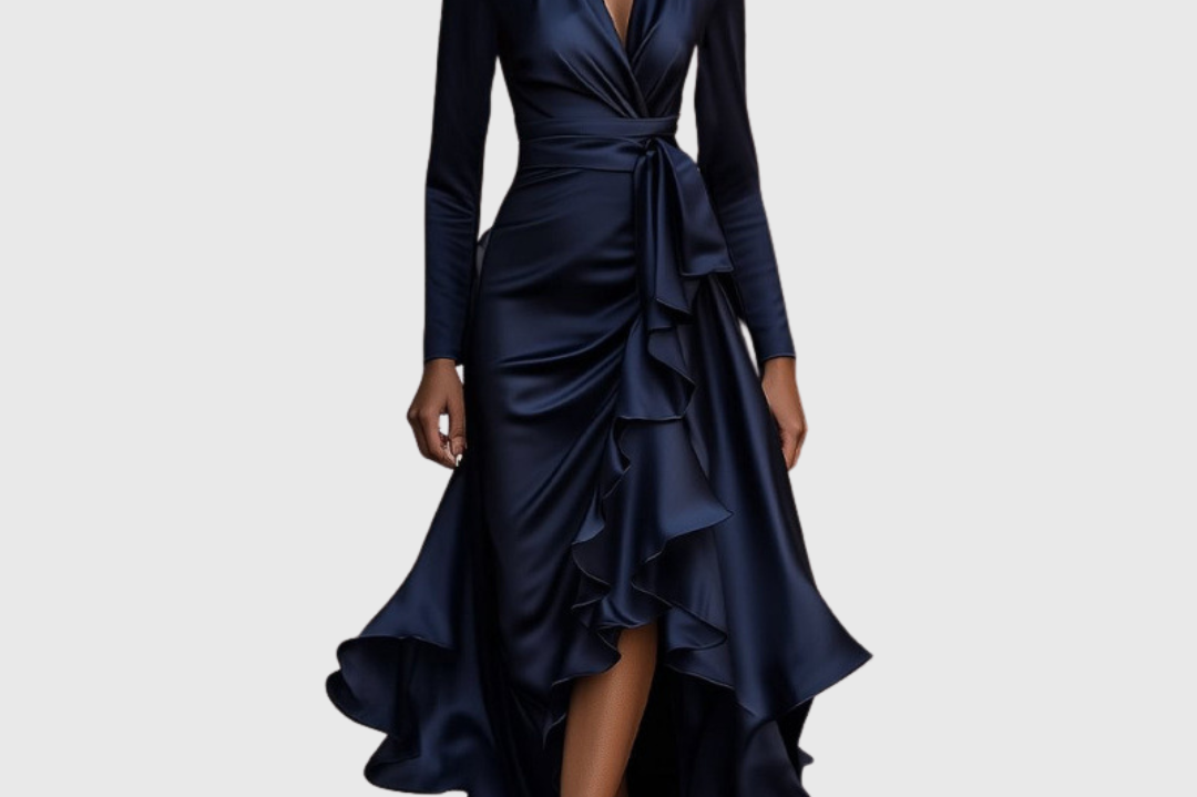 Jytte - Women's Long Sleeve Wrap V-Neck Maxi Dress
