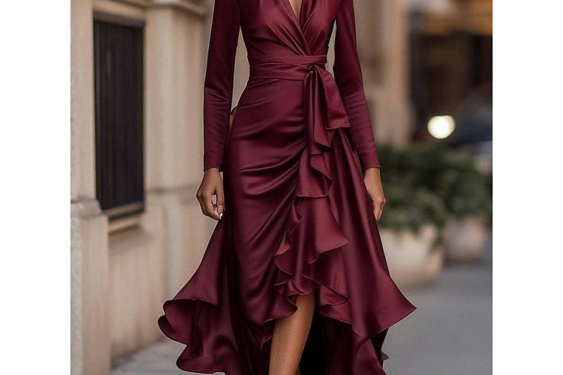 Jytte - Women's Long Sleeve Wrap V-Neck Maxi Dress - Wine Red
