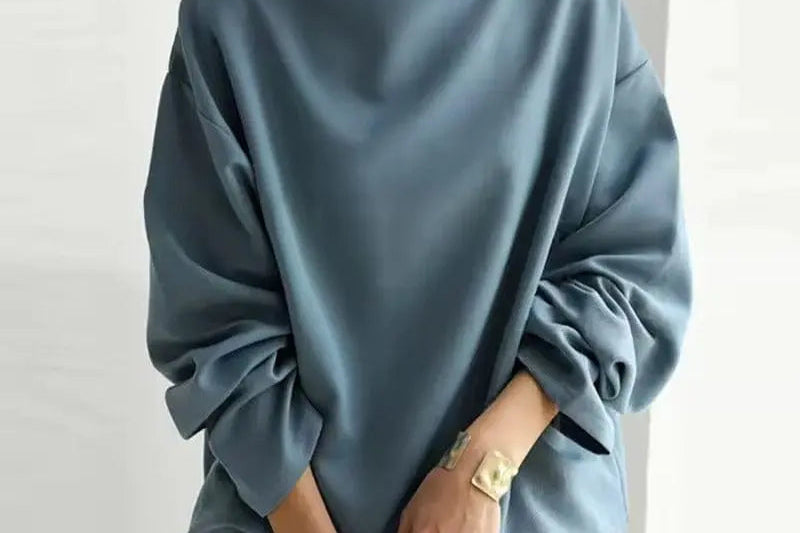 Karin - Women's Oversized Roll Neck Knit Top - Blue