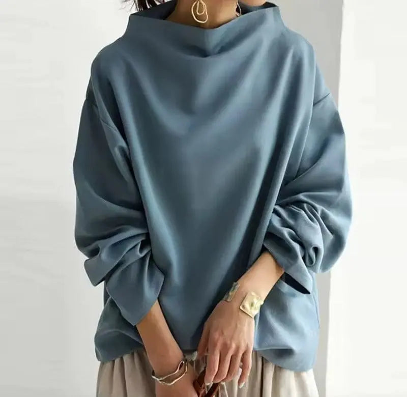 Karin - Women's Oversized Roll Neck Knit Top - Blue